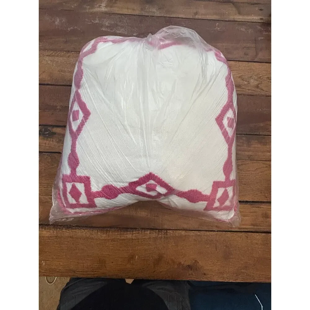 NNWT Pink/White Anthropologie Greek Key Embroidered Indoor/Outdoor Pillow $78